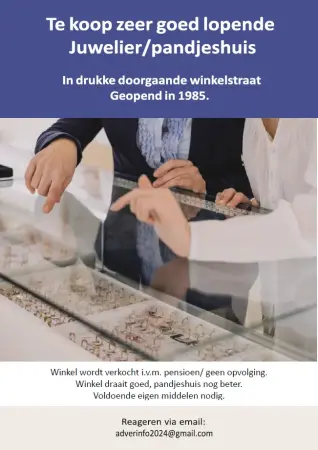 Te koop zeer goed lopende Juwelier/ pandjeshuis