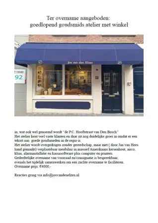Ter overname aangeboden: goedlopend goudsmids atelier met winkel